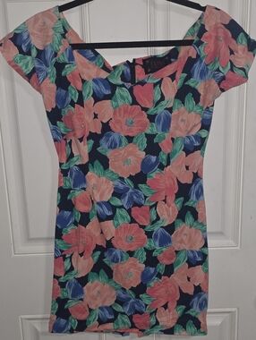 EXTRA Femme Collection Floral Off Shoulder Sheath Dress 100% Cotton Navy Peach 7